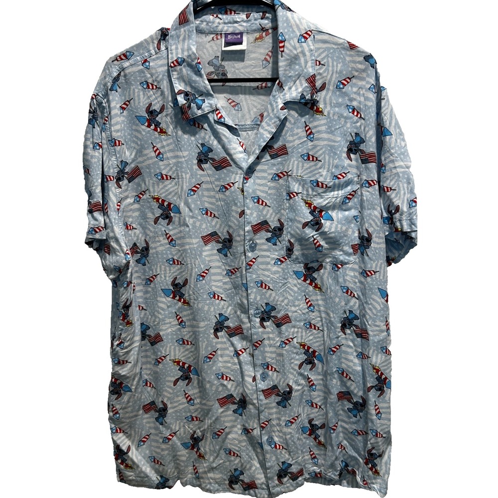 Disney Lilo & Stitch Patriotic Hawaiian Shirt XXL Rayon Blue Flags Fireworks - Picture 2 of 6
